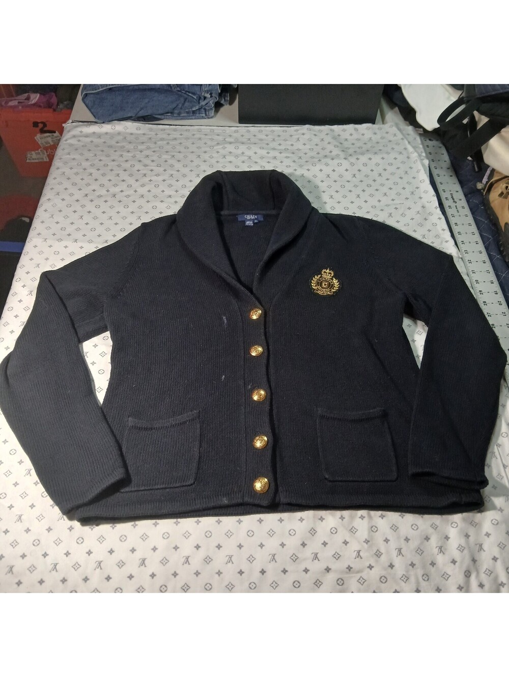 Chaps Knit Cardigan Sweater Navy Gold Crest Button Front Cotton Preppy XL